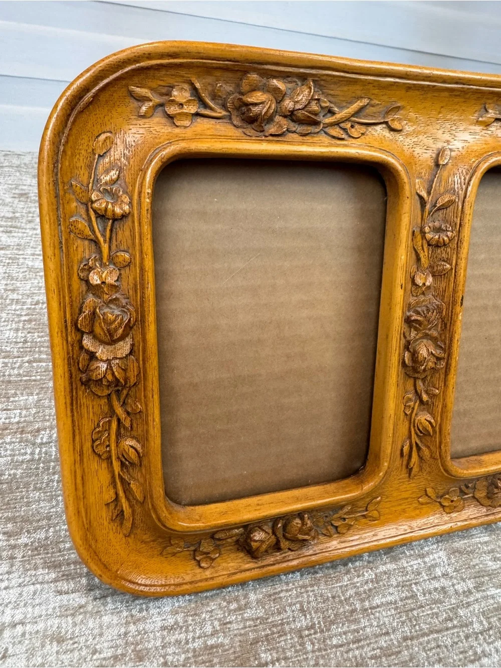 Wood Carved Double Photo Frame in Warm Honey Brown rosebuds vintage Victorian